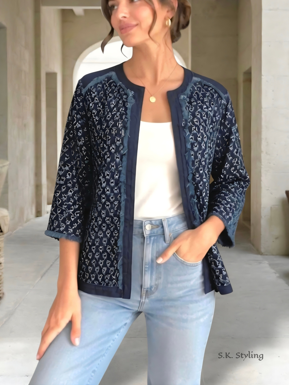 NWT Chico's Perforated Fringe Denim Open Front Cardigan/Jacket 1/2 Sleeve Medium